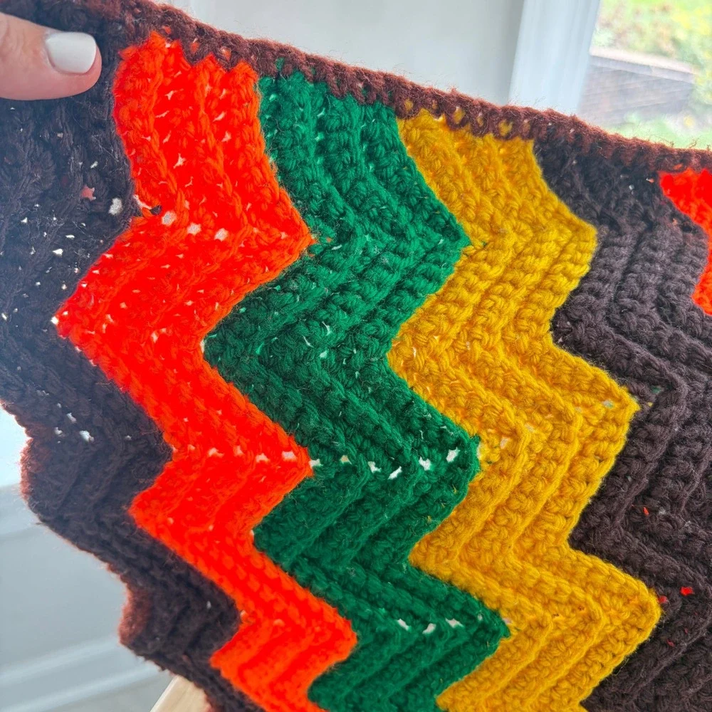 Vintage Handmade Crochet Chevron Ripple Afghan Blanket Orange Yellow Green Brown